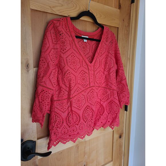 Sundance 100% Cotton Red Eyelet Top LARGE V Neck 3/4 Sleeve Feminine Elegant L - Picture 7 of 8